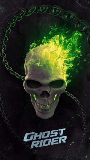 Ghost Rider skull with green flames and chains