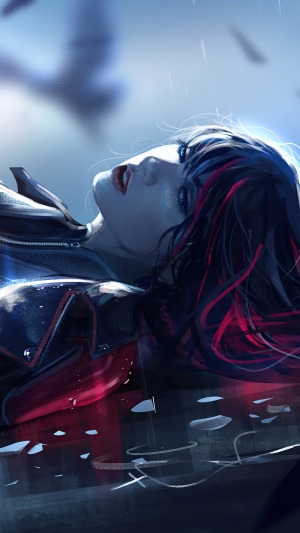 Digital art of a woman with black and red hair