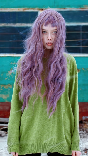 Model with purple hair in a green sweater