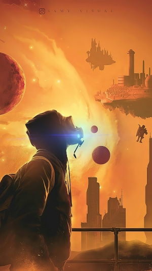 Artwork of a person in a futuristic city