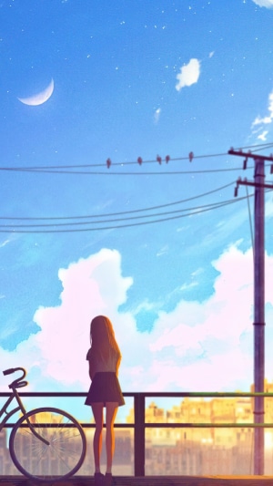 Girl with bicycle looking at the sky