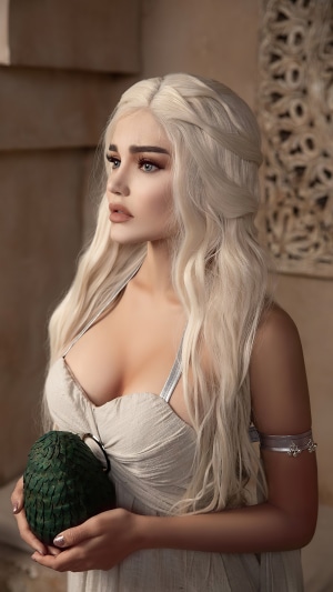 Daenerys Targaryen from Game of Thrones holding a dragon egg