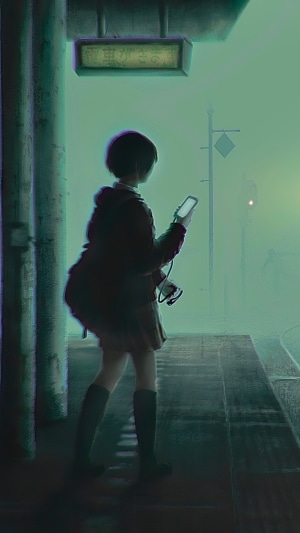 Girl with phone at train station