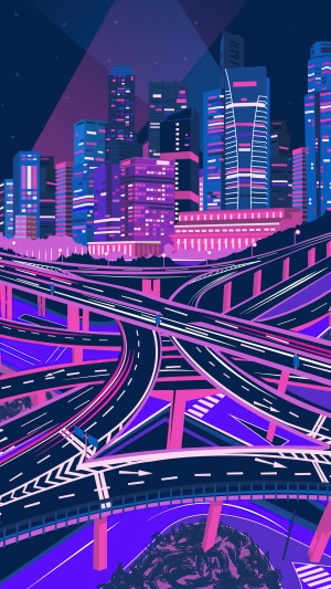 Minimalist Neon Cityscape with Overpass