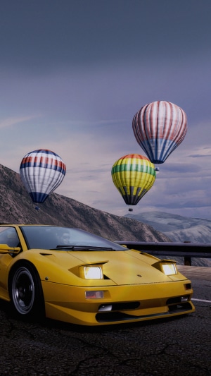 Yellow Lamborghini Diablo with Hot Air Balloons