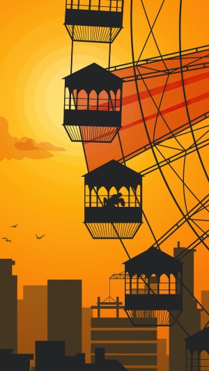 Ferris wheel couple dancing at sunset over city
