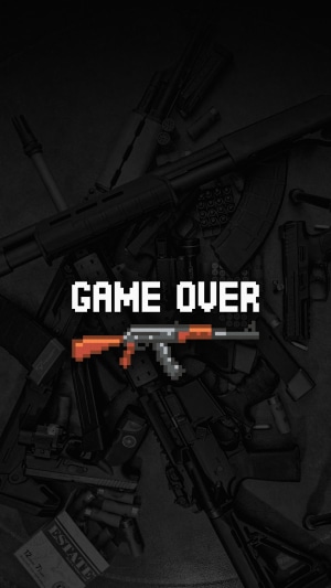 Game Over typography with pixelated AK-47
