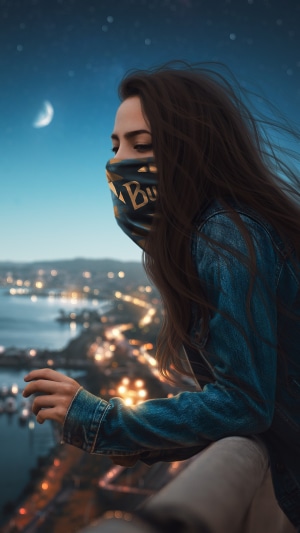 Girl wearing a mask overlooking a city at night