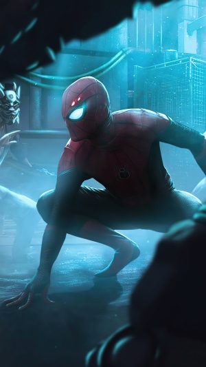 Spider-Man in a dark, futuristic city