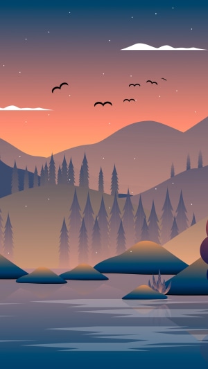 Digital art of mountains and birds at sunset