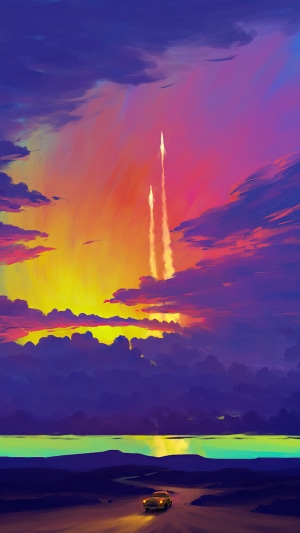 Rockets launching into a colorful sunset sky