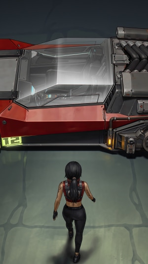 Sci-fi artwork of a woman approaching a futuristic vehicle