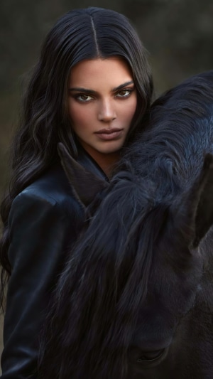 Kendall Jenner with a black horse