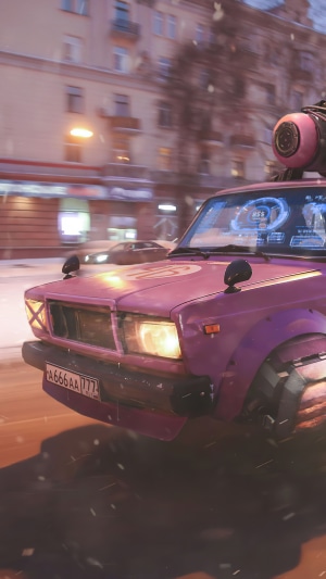 Cyberpunk car with futuristic modifications on a snowy street