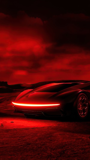 Concept car with red light bar in desert landscape