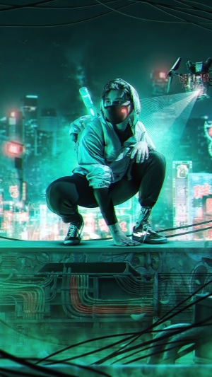 Person in hoodie with mask in neon city