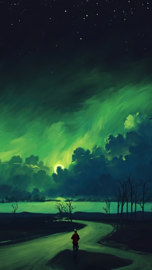 Person walking on a road under the aurora