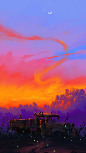 Abandoned truck under a colorful twilight sky