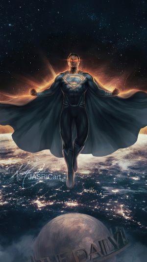 Superman flying over Earth with stars and a planet