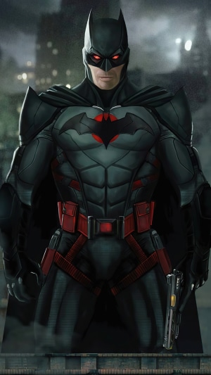 Batman artwork with red accents and a gun