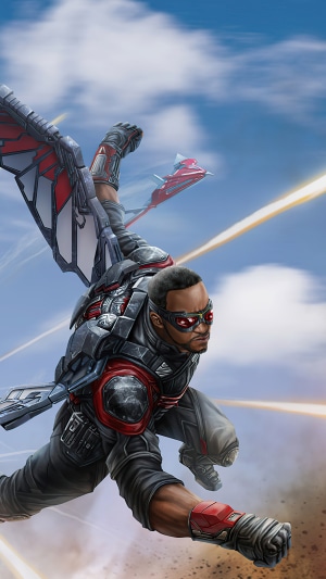Falcon from Marvel Comics flying with wingsuit