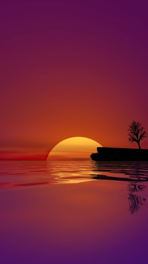 Minimalist sunset over water with a tree