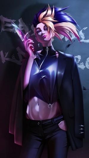Akali from League of Legends holding a knife
