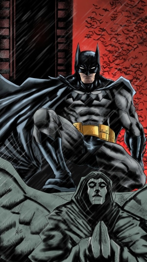 Batman crouching on a gargoyle with bats in the background