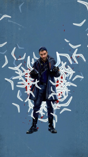 Captain Boomerang from The Suicide Squad surrounded by boomerangs