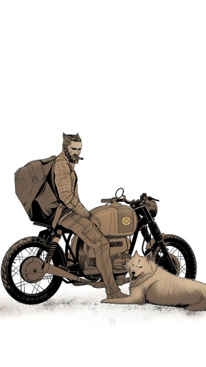 Man with backpack and dog on a motorcycle