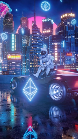 Astronaut on a car with Ethereum symbols in a futuristic city