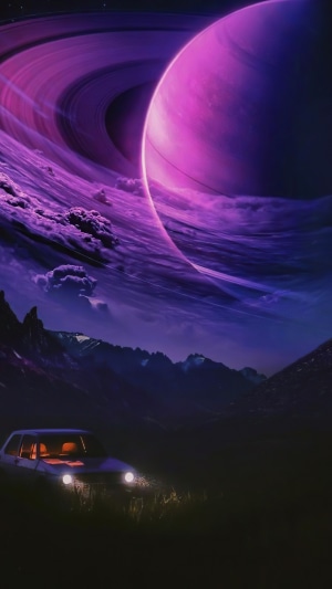 Digital art of a planet with rings and a car