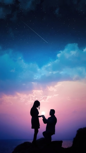 Couple silhouette proposal under starry sky