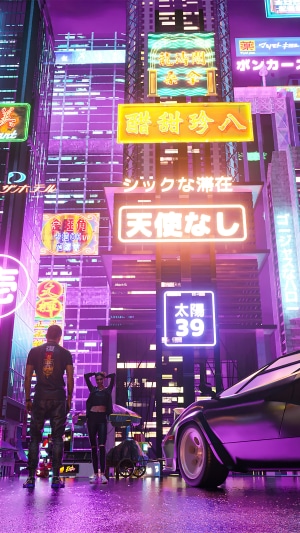 Cyberpunk city street with neon signs and couple