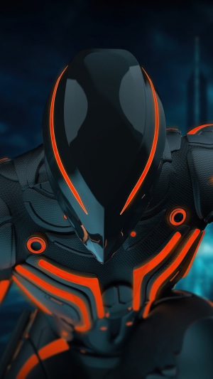 Tron Legacy character in black and orange suit