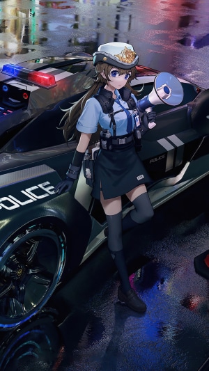 Anime police girl with megaphone and police car