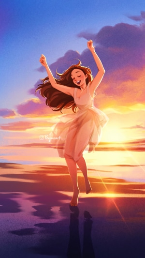 Girl dancing on a beach at sunset