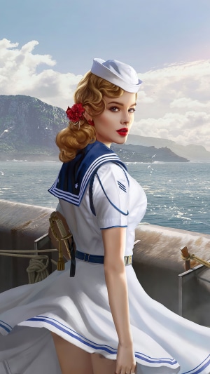 Artwork of a woman in a sailor outfit on a ship