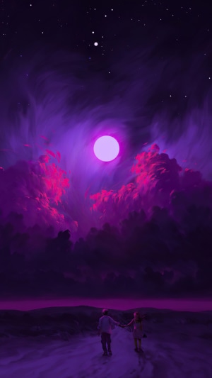 Couple walking under a purple moon and starry sky