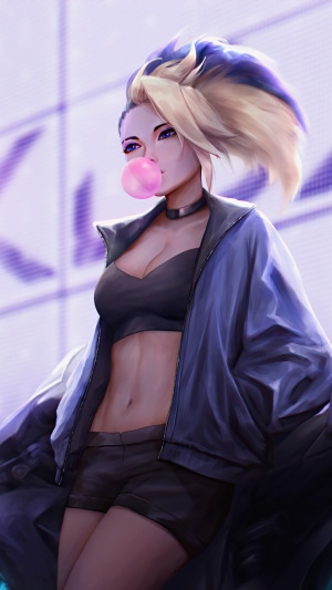 Akali from League of Legends blowing bubblegum