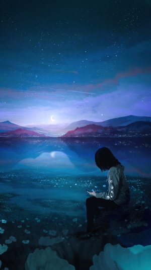 Artwork of a person looking at a phone by a lake at night