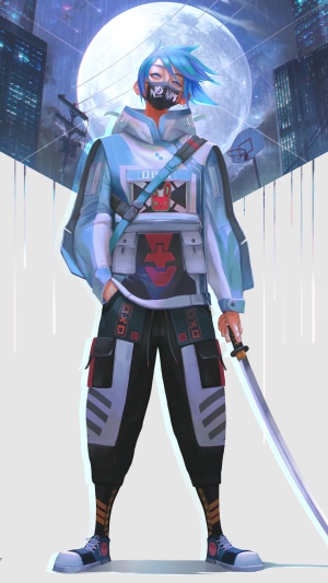 Anime ninja with blue hair and katana
