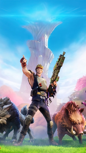 Fortnite character with rifle and creatures