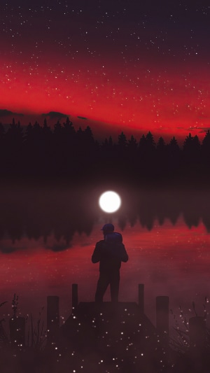 Man with backpack on dock under red starry sky