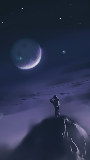 Astronaut looking at a large moon in space