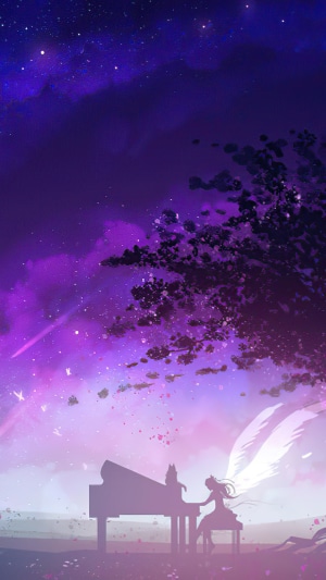 Angel playing piano under starry sky