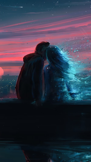 Couple kissing at sunset with city skyline
