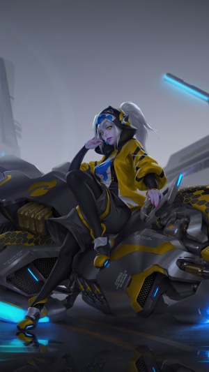 Sci-fi woman with white hair on a futuristic motorcycle
