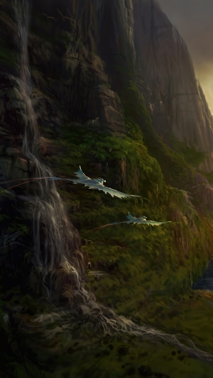Two dragons fly near a waterfall on a mountain
