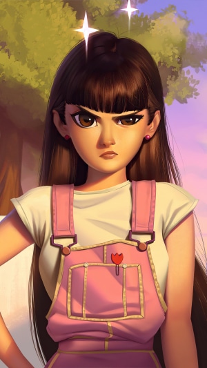 Girl in pink overalls with a tulip patch
